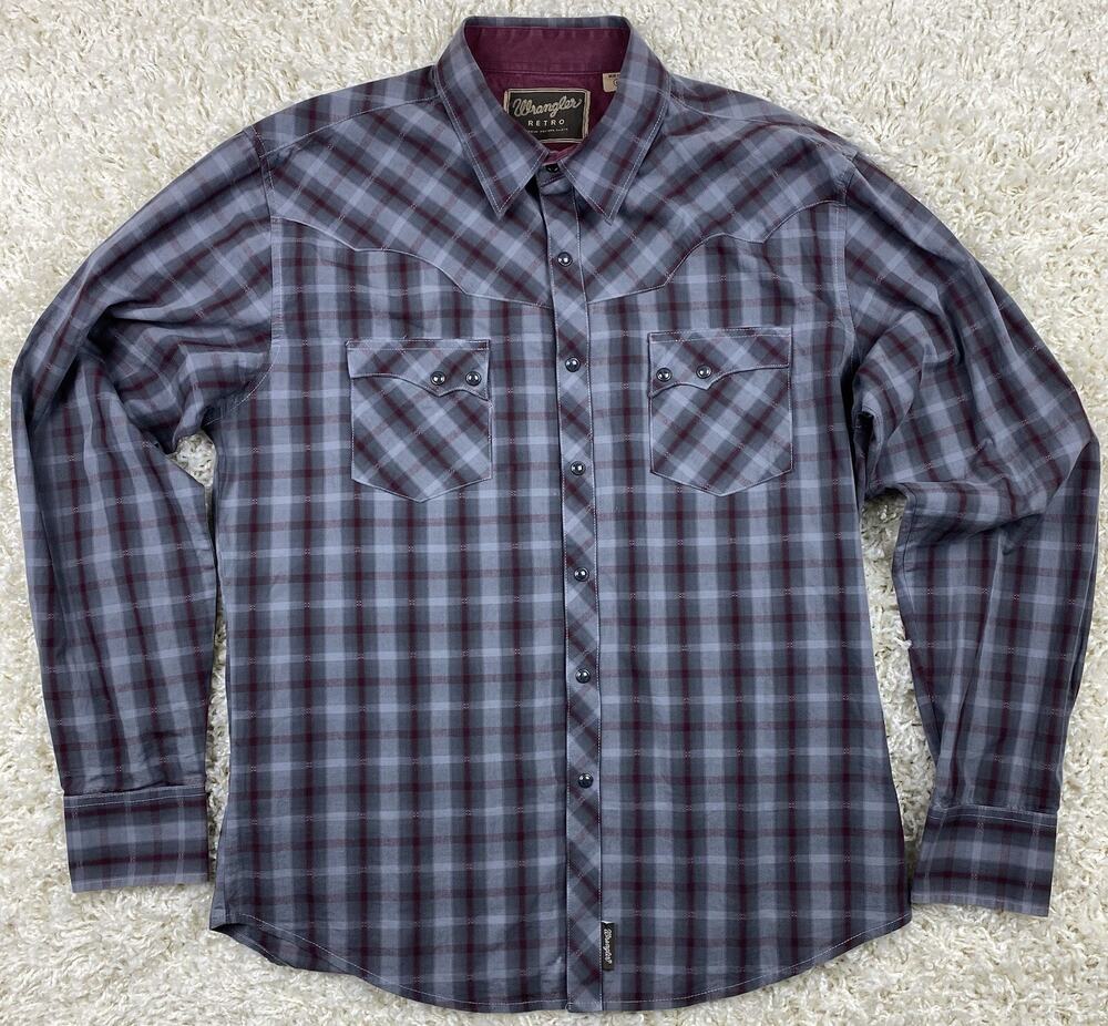 Wrangler Retro Premium Western Pearl Snap Shirt Mens L Grey Plaid Long Sleeve